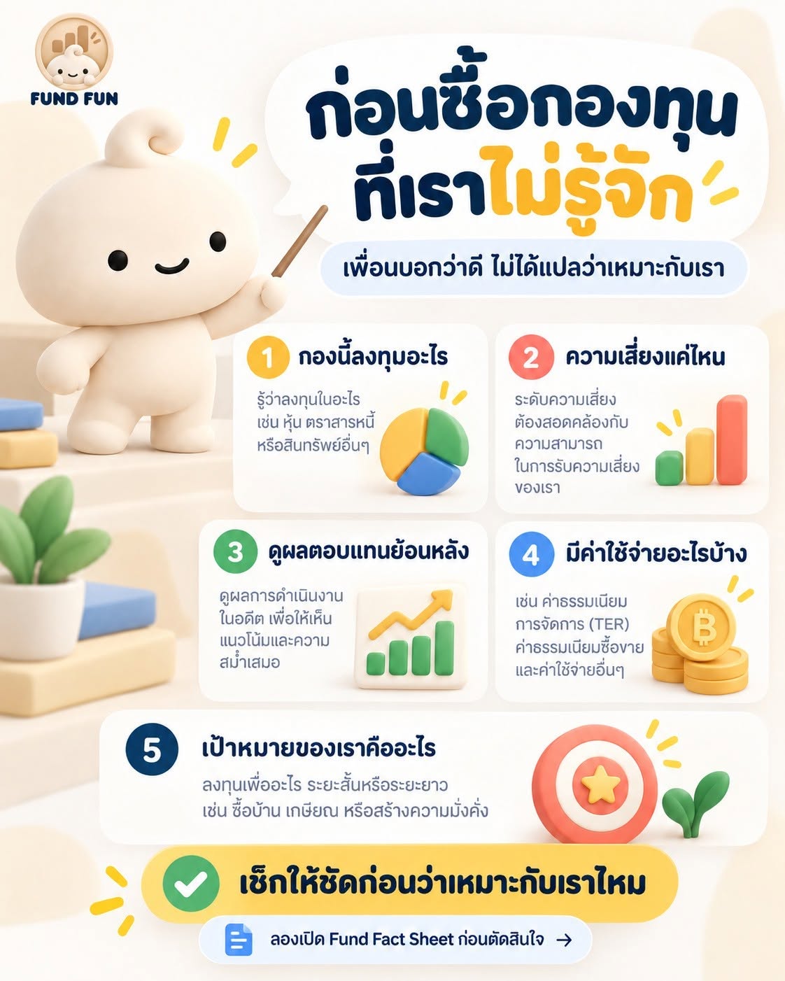 เช็กก่อนซื้อกองทุน: นโยบายการลงทุน ความเสี่ยง ผลตอบแทนย้อนหลัง ค่าธรรมเนียม และเป้าหมายของเรา