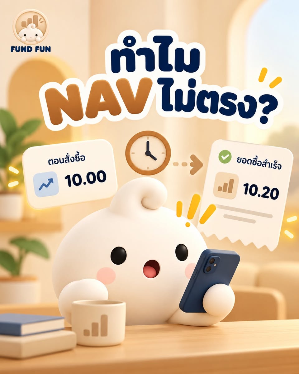 ภาพปก Fund Fun อธิบายว่าราคา NAV ที่เห็นตอนสั่งซื้อ 10.00 บาท อาจต่างจาก NAV วันที่รายการสำเร็จ 10.20 บาท